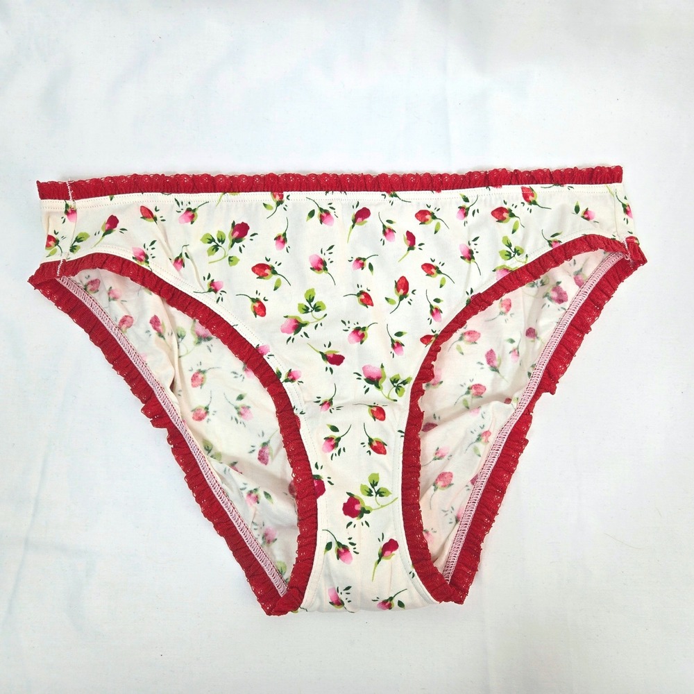Vtg Victoria's Secret Ivory Red Floral Rose Bud Lace Trim Bikini Panty Large NWT